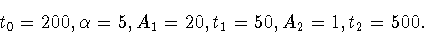 \begin{displaymath}t_0=200, \alpha=5, A_1=20, t_1=50, A_2=1, t_2=500.\end{displaymath}